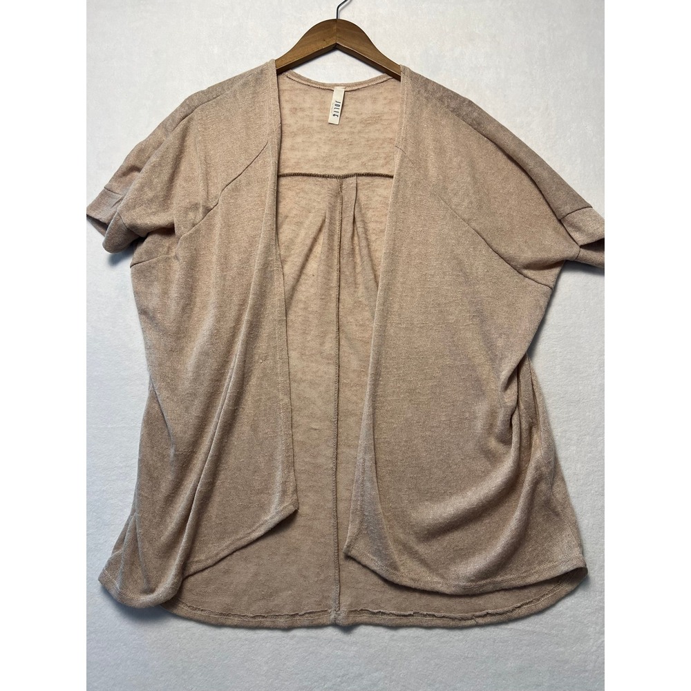 Jolie M Cardigan Boho Minimalist Tan Short Sleeve Open Front Pleated Back Granny